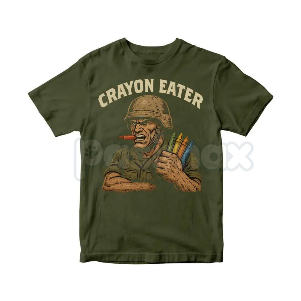 "Crayon Eater" Funny Military T-Shirt - USMC Dark Humor Sarcastic Marine Tee, Premium 100% Cotton Veteran Humor Shirt, Tactical Crayon Specialist Graphic Top, Military Branch Banter Apparel, Rugged Lived-In